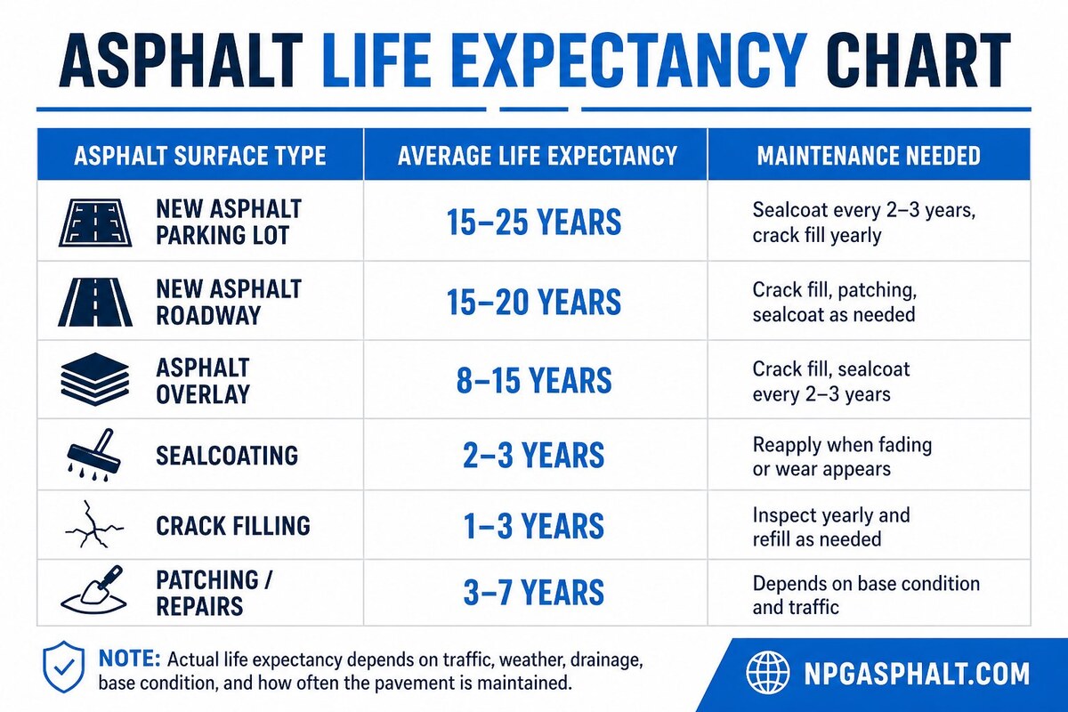 Asphalt life expectancy chart showing typical lifespan and recommended maintenance for parking lots, roadways, overlays, sealcoating, crack filling, and patching