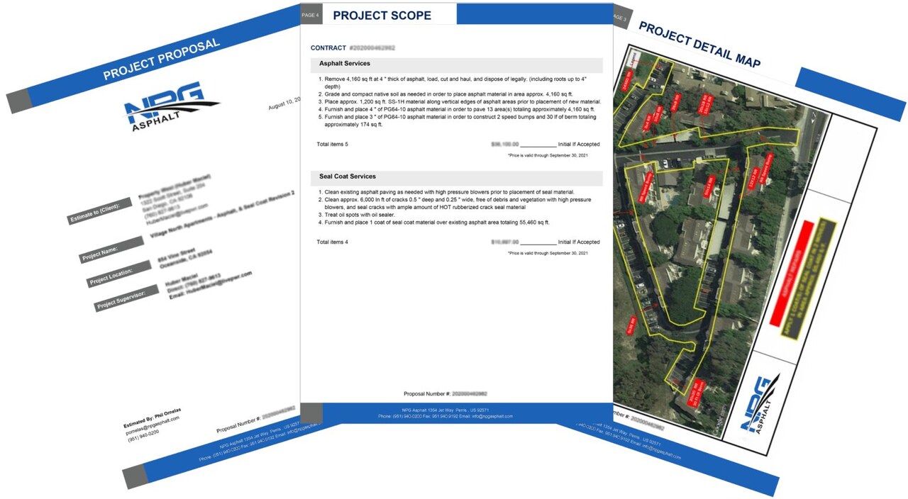 NPG Asphalt sample project proposal showing cover page, project scope, and detail map